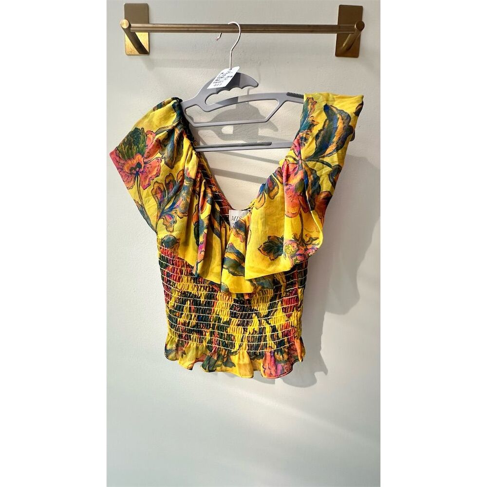 Misa Los Angeles Yellow Floral Ruffle Smocked Top Like New XS